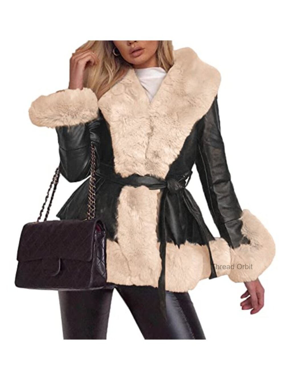 Faux Leather Parka Coat with Faux Fur Collar Long Sleeve Winter Jacket